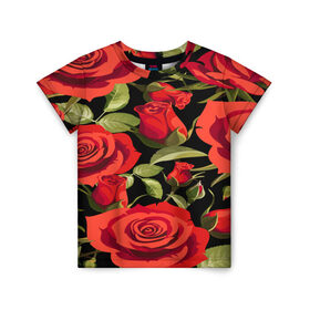 Детская футболка 3D с принтом Великолепные розы в Тюмени, 100% гипоаллергенный полиэфир | прямой крой, круглый вырез горловины, длина до линии бедер, чуть спущенное плечо, ткань немного тянется | flower | pattern | spring | букет | весна | паттерн | праздник | розы | цветочный | цветы
