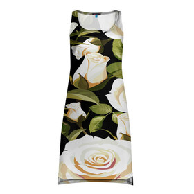 Платье-майка 3D с принтом Белые розы в Тюмени, 100% полиэстер | полуприлегающий силуэт, широкие бретели, круглый вырез горловины, удлиненный подол сзади. | flower | pattern | spring | букет | весна | паттерн | праздник | розы | цветочный | цветы