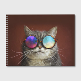 Альбом для рисования с принтом котейки в Тюмени, 100% бумага
 | матовая бумага, плотность 200 мг. | cat | взгляд | космос | кот | котик | очки