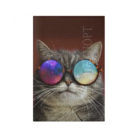 Обложка для паспорта матовая кожа с принтом котейки в Тюмени, натуральная матовая кожа | размер 19,3 х 13,7 см; прозрачные пластиковые крепления | cat | взгляд | космос | кот | котик | очки