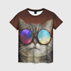 Женская футболка 3D с принтом котейки в Тюмени, 100% полиэфир ( синтетическое хлопкоподобное полотно) | прямой крой, круглый вырез горловины, длина до линии бедер | cat | взгляд | космос | кот | котик | очки