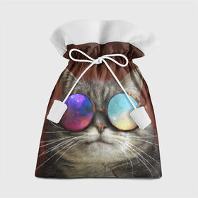 Подарочный 3D мешок с принтом котейки в Тюмени, 100% полиэстер | Размер: 29*39 см | Тематика изображения на принте: cat | взгляд | космос | кот | котик | очки