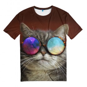 Мужская футболка 3D с принтом котейки в Тюмени, 100% полиэфир | прямой крой, круглый вырез горловины, длина до линии бедер | cat | взгляд | космос | кот | котик | очки