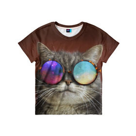 Детская футболка 3D с принтом котейки в Тюмени, 100% гипоаллергенный полиэфир | прямой крой, круглый вырез горловины, длина до линии бедер, чуть спущенное плечо, ткань немного тянется | Тематика изображения на принте: cat | взгляд | космос | кот | котик | очки