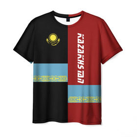Мужская футболка 3D с принтом Kazakhstan в Тюмени, 100% полиэфир | прямой крой, круглый вырез горловины, длина до линии бедер | kaz | kazakhstan | kz | астана | герб | знак | казах | казахский | казахстан | казахстанцы | казашка | надпись | патриот | полосы | республика | символ | страна | флаг | флага | цвета