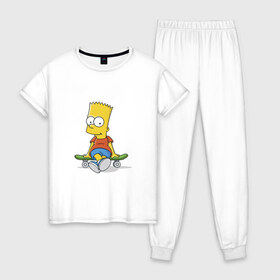 Женская пижама хлопок с принтом Барт в Тюмени, 100% хлопок | брюки и футболка прямого кроя, без карманов, на брюках мягкая резинка на поясе и по низу штанин | bart | simpsons | skate | скейт