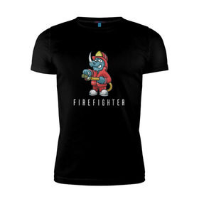Мужская футболка премиум с принтом Пожарный в Тюмени, 92% хлопок, 8% лайкра | приталенный силуэт, круглый вырез ворота, длина до линии бедра, короткий рукав | fire | firefighter | борец с огнем | для пожарных | носорог | огонь | пожар | пожарник | пожарный