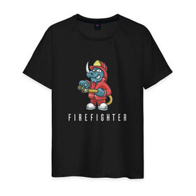 Мужская футболка хлопок с принтом Пожарный в Тюмени, 100% хлопок | прямой крой, круглый вырез горловины, длина до линии бедер, слегка спущенное плечо. | Тематика изображения на принте: fire | firefighter | борец с огнем | для пожарных | носорог | огонь | пожар | пожарник | пожарный