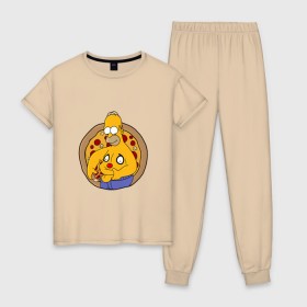 Женская пижама хлопок с принтом Гомер и пицца в Тюмени, 100% хлопок | брюки и футболка прямого кроя, без карманов, на брюках мягкая резинка на поясе и по низу штанин | homer | simpsons | гомер