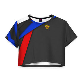 Женская футболка 3D укороченная с принтом RUSSIA SPORT в Тюмени, 100% полиэстер | круглая горловина, длина футболки до линии талии, рукава с отворотами | russia | sport | белый | герб | двуглавый орел | красный | патриот | россия | синий | спорт | спортивные | триколор | униформа