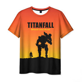Мужская футболка 3D с принтом Titanfall 2 в Тюмени, 100% полиэфир | прямой крой, круглый вырез горловины, длина до линии бедер | blood and rust | game | воин | закат | игра | кровь и ржавчина | робот