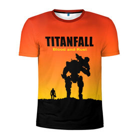 Мужская футболка 3D спортивная с принтом Titanfall 2 в Тюмени, 100% полиэстер с улучшенными характеристиками | приталенный силуэт, круглая горловина, широкие плечи, сужается к линии бедра | blood and rust | game | воин | закат | игра | кровь и ржавчина | робот