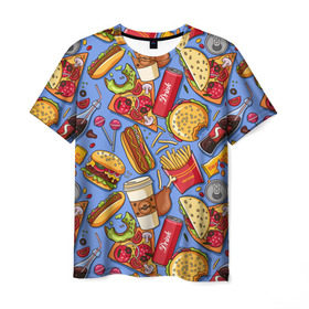 Мужская футболка 3D с принтом Fastfood в Тюмени, 100% полиэфир | прямой крой, круглый вырез горловины, длина до линии бедер | Тематика изображения на принте: chicken | coffee | cola | drink | dunts | eat | fastfood | frenchfires | hotdog | lollypop | pizza | sweets | бургер | еда | кола | кофе | лимонад | напитки | пицца | пончик | фастфуд | хотдог