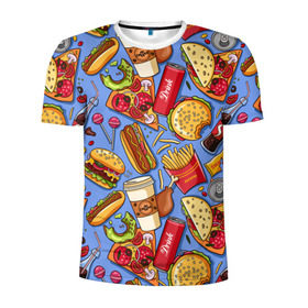 Мужская футболка 3D спортивная с принтом Fastfood в Тюмени, 100% полиэстер с улучшенными характеристиками | приталенный силуэт, круглая горловина, широкие плечи, сужается к линии бедра | Тематика изображения на принте: chicken | coffee | cola | drink | dunts | eat | fastfood | frenchfires | hotdog | lollypop | pizza | sweets | бургер | еда | кола | кофе | лимонад | напитки | пицца | пончик | фастфуд | хотдог