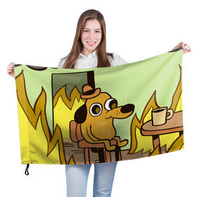 Флаг 3D с принтом This is fine в Тюмени, 100% полиэстер | плотность ткани — 95 г/м2, размер — 67 х 109 см. Принт наносится с одной стороны | Тематика изображения на принте: dog | in fire | meme | this is fine | в огне | все нормально | мем | собака