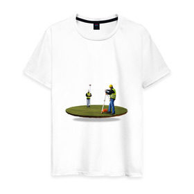 Мужская футболка хлопок с принтом Геодезия в поле в Тюмени, 100% хлопок | прямой крой, круглый вырез горловины, длина до линии бедер, слегка спущенное плечо. | Тематика изображения на принте: геодезист | геодезия | строители | строительство