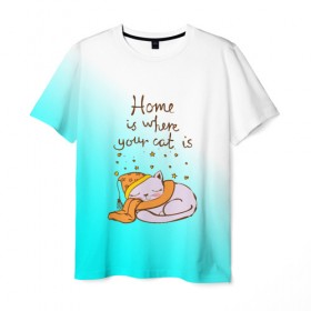 Мужская футболка 3D с принтом Дом там,где ваш кот! в Тюмени, 100% полиэфир | прямой крой, круглый вырез горловины, длина до линии бедер | Тематика изображения на принте: cat | взгляд | кот | кот хипстер | котёнок | котятки | котятушки | кошечки | кошка | мордочка
