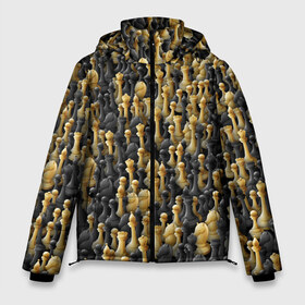 Мужская зимняя куртка 3D с принтом Шахматы в Тюмени, верх — 100% полиэстер; подкладка — 100% полиэстер; утеплитель — 100% полиэстер | длина ниже бедра, свободный силуэт Оверсайз. Есть воротник-стойка, отстегивающийся капюшон и ветрозащитная планка. 

Боковые карманы с листочкой на кнопках и внутренний карман на молнии. | Тематика изображения на принте: игра | настолка | настольная | паттерн | пешка | толпа | ферзь | фигуры
