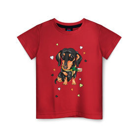 Детская футболка хлопок с принтом Такса с розой в Тюмени, 100% хлопок | круглый вырез горловины, полуприлегающий силуэт, длина до линии бедер | dog | doggy | животные | пес | роза | сердечко | сердце | собака | собачка | такса | цветок | цветы