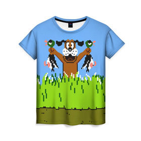 Женская футболка 3D с принтом Duck Hunt в Тюмени, 100% полиэфир ( синтетическое хлопкоподобное полотно) | прямой крой, круглый вырез горловины, длина до линии бедер | 8 bit | 8 бит | dendy | dog | duck | hunt | nes | nintendo | oldschool | pixel art | денди | игра | нинтендо | охота | собака