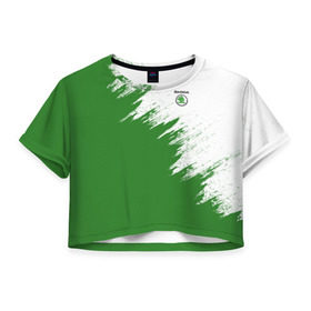Женская футболка Cropp-top с принтом Skoda в Тюмени, 100% полиэстер | круглая горловина, длина футболки до линии талии, рукава с отворотами | auto | car | race | skoda | авто | гонки | краска | краски | марка | машина | шкода