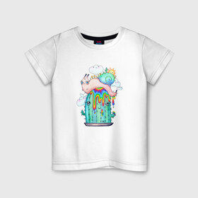 Детская футболка хлопок с принтом Радужная улитка на кактусе в Тюмени, 100% хлопок | круглый вырез горловины, полуприлегающий силуэт, длина до линии бедер | весна | кактус | кислотный | лето | милота | милый | мультяшный | насекомые | облака | природа | радуга | растения | солнце