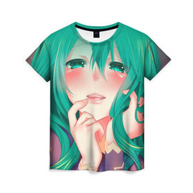 Женская футболка 3D с принтом Miku Ahegao в Тюмени, 100% полиэфир ( синтетическое хлопкоподобное полотно) | прямой крой, круглый вырез горловины, длина до линии бедер | вокалоид | зеленоволосая девушка | мику ахегао | хатсуне мику