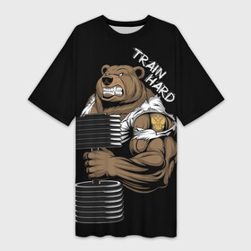 Платье-футболка 3D с принтом Train hard в Тюмени,  |  | train hard | train hard or go home | герб россии | медведь | пауэрлифтинг | россия | силовой спорт