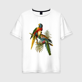 Женская футболка хлопок Oversize с принтом Попугаи в Тюмени, 100% хлопок | свободный крой, круглый ворот, спущенный рукав, длина до линии бедер
 | ветки | винтаж | листья | пальмы | перья | попугаи | птицы