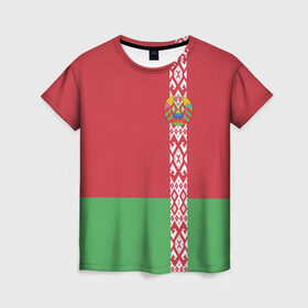 Женская футболка 3D с принтом Белоруссия, лента с гербом в Тюмени, 100% полиэфир ( синтетическое хлопкоподобное полотно) | прямой крой, круглый вырез горловины, длина до линии бедер | belarus | byelorussia | беларусь | белорус | белоруссия | белорусский | минск | республика | флаг