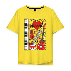 Мужская футболка хлопок Oversize с принтом Музыкальное сердце в Тюмени, 100% хлопок | свободный крой, круглый ворот, “спинка” длиннее передней части | Тематика изображения на принте: ансамбль | гитара | клавиши | музыка | музыкальные инструменты | ноты | скрипка | три цвета | труба | флейта | фортепиано