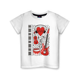 Детская футболка хлопок с принтом Музыкальное сердце в Тюмени, 100% хлопок | круглый вырез горловины, полуприлегающий силуэт, длина до линии бедер | ансамбль | гитара | клавиши | музыка | музыкальные инструменты | ноты | скрипка | три цвета | труба | флейта | фортепиано