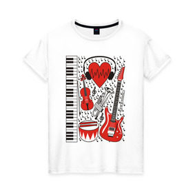 Женская футболка хлопок с принтом Музыкальное сердце в Тюмени, 100% хлопок | прямой крой, круглый вырез горловины, длина до линии бедер, слегка спущенное плечо | ансамбль | гитара | клавиши | музыка | музыкальные инструменты | ноты | скрипка | три цвета | труба | флейта | фортепиано