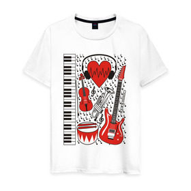 Мужская футболка хлопок с принтом Музыкальное сердце в Тюмени, 100% хлопок | прямой крой, круглый вырез горловины, длина до линии бедер, слегка спущенное плечо. | ансамбль | гитара | клавиши | музыка | музыкальные инструменты | ноты | скрипка | три цвета | труба | флейта | фортепиано