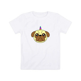 Детская футболка хлопок с принтом Мопс единорог в Тюмени, 100% хлопок | круглый вырез горловины, полуприлегающий силуэт, длина до линии бедер | единорог | мопс | радуга | рог | собака | щенок