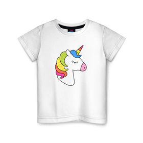 Детская футболка хлопок с принтом Единорог радуга в Тюмени, 100% хлопок | круглый вырез горловины, полуприлегающий силуэт, длина до линии бедер | лошадь | радужный