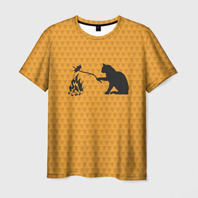 Мужская футболка 3D с принтом Кот жарит в Тюмени, 100% полиэфир | прямой крой, круглый вырез горловины, длина до линии бедер | Тематика изображения на принте: еда | костер | кот | кошка | мышь