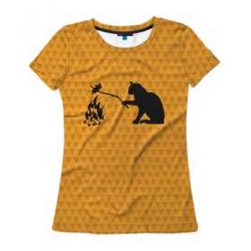 Женская футболка 3D с принтом Кот жарит в Тюмени, 100% полиэфир ( синтетическое хлопкоподобное полотно) | прямой крой, круглый вырез горловины, длина до линии бедер | еда | костер | кот | кошка | мышь