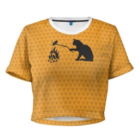 Женская футболка Cropp-top с принтом Кот жарит в Тюмени, 100% полиэстер | круглая горловина, длина футболки до линии талии, рукава с отворотами | еда | костер | кот | кошка | мышь