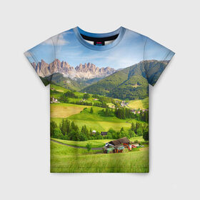 Детская футболка 3D с принтом Альпы в Тюмени, 100% гипоаллергенный полиэфир | прямой крой, круглый вырез горловины, длина до линии бедер, чуть спущенное плечо, ткань немного тянется | австрия | альпы | германия | горный хребет | горы | италия | красота | лес | лихтенштейн | луг | пейзаж | природа | простор | раздолье | словения | франция | швейцария