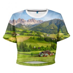 Женская футболка 3D укороченная с принтом Альпы в Тюмени, 100% полиэстер | круглая горловина, длина футболки до линии талии, рукава с отворотами | австрия | альпы | германия | горный хребет | горы | италия | красота | лес | лихтенштейн | луг | пейзаж | природа | простор | раздолье | словения | франция | швейцария