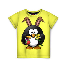 Детская футболка 3D с принтом Пасхальный пингвин в Тюмени, 100% гипоаллергенный полиэфир | прямой крой, круглый вырез горловины, длина до линии бедер, чуть спущенное плечо, ткань немного тянется | весна | кролик | пасха | пингвин | праздники | яйцо