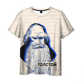 Мужская футболка 3D с принтом Лев Толстой в Тюмени, 100% полиэфир | прямой крой, круглый вырез горловины, длина до линии бедер | 