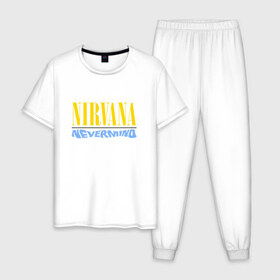 Мужская пижама хлопок с принтом Nirvana nevermino в Тюмени, 100% хлопок | брюки и футболка прямого кроя, без карманов, на брюках мягкая резинка на поясе и по низу штанин
 | cobain | kurt | nevermino | nirvana | альтернативный | гранж | грол | группа | дональд | кобейн | курт | музыка | надпись | нервана | нирвана | новоселич | певец | рок | смайл | смайлик | солист