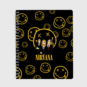 Тетрадь с принтом Nirvana в Тюмени, 100% бумага | 48 листов, плотность листов — 60 г/м2, плотность картонной обложки — 250 г/м2. Листы скреплены сбоку удобной пружинной спиралью. Уголки страниц и обложки скругленные. Цвет линий — светло-серый
 | cobain | kurt | nevermino | nirvana | альтернативный | гранж | грол | группа | дональд | кобейн | курт | музыка | надпись | нервана | нирвана | новоселич | певец | рок | смайл | смайлик | солист