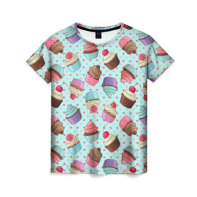 Женская футболка 3D с принтом Милые кексики в Тюмени, 100% полиэфир ( синтетическое хлопкоподобное полотно) | прямой крой, круглый вырез горловины, длина до линии бедер | cupcake | deliciouse | lollipop | strawberry | sweets | yummy | вкусняшки | еда | капкейк | капкейки | клубника | конфета | леденец | сладости | черника