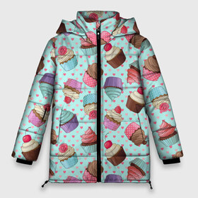 Женская зимняя куртка 3D с принтом Милые кексики в Тюмени, верх — 100% полиэстер; подкладка — 100% полиэстер; утеплитель — 100% полиэстер | длина ниже бедра, силуэт Оверсайз. Есть воротник-стойка, отстегивающийся капюшон и ветрозащитная планка. 

Боковые карманы с листочкой на кнопках и внутренний карман на молнии | cupcake | deliciouse | lollipop | strawberry | sweets | yummy | вкусняшки | еда | капкейк | капкейки | клубника | конфета | леденец | сладости | черника