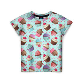 Детская футболка 3D с принтом Милые кексики в Тюмени, 100% гипоаллергенный полиэфир | прямой крой, круглый вырез горловины, длина до линии бедер, чуть спущенное плечо, ткань немного тянется | Тематика изображения на принте: cupcake | deliciouse | lollipop | strawberry | sweets | yummy | вкусняшки | еда | капкейк | капкейки | клубника | конфета | леденец | сладости | черника