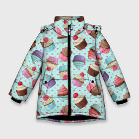 Зимняя куртка для девочек 3D с принтом Милые кексики в Тюмени, ткань верха — 100% полиэстер; подклад — 100% полиэстер, утеплитель — 100% полиэстер. | длина ниже бедра, удлиненная спинка, воротник стойка и отстегивающийся капюшон. Есть боковые карманы с листочкой на кнопках, утяжки по низу изделия и внутренний карман на молнии. 

Предусмотрены светоотражающий принт на спинке, радужный светоотражающий элемент на пуллере молнии и на резинке для утяжки. | Тематика изображения на принте: cupcake | deliciouse | lollipop | strawberry | sweets | yummy | вкусняшки | еда | капкейк | капкейки | клубника | конфета | леденец | сладости | черника
