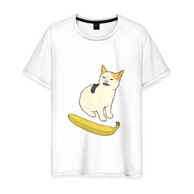 Мужская футболка хлопок с принтом Cat no banana в Тюмени, 100% хлопок | прямой крой, круглый вырез горловины, длина до линии бедер, слегка спущенное плечо. | angry cat | banana | cat | no banana